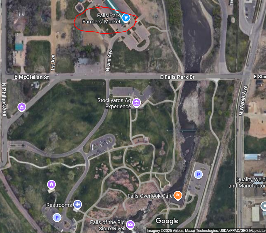 Satellite map of Falls Park in Sioux Falls with the Falls Park Farmers Market circled in red, north of E Falls Park Dr.