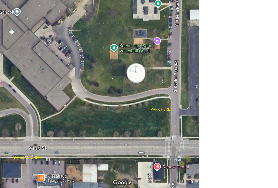 Satellite map near 41st St and S Kuehn Park Rd in Sioux Falls, marked "Park here" by Kuehn Park and "We stand here" on the south side of 41st St.